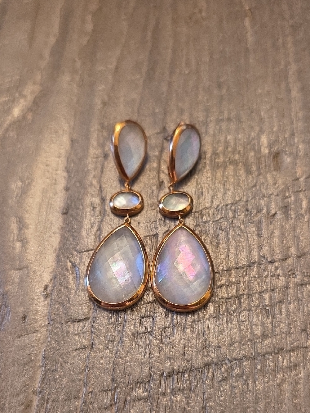 Gold Drop Moonstone Teardrop Dangle Earrings - Iridescent White